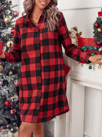 Airchics blouse carreaux boutons col revers manches longues femme oversized Noël